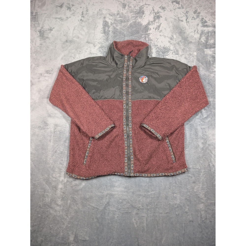 Buc-ee's Jacket Womens Medium Red Gray Sherpa Fleece Full Zip Logo Trim Outdoor